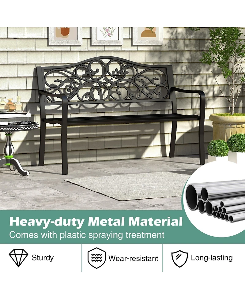 Sugift 50 Inches Outdoor Cast Iron Metal Patio Bench with Floral Design Backrest and Slatted Seat