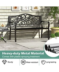 Sugift 50 Inches Outdoor Cast Iron Metal Patio Bench with Floral Design Backrest and Slatted Seat
