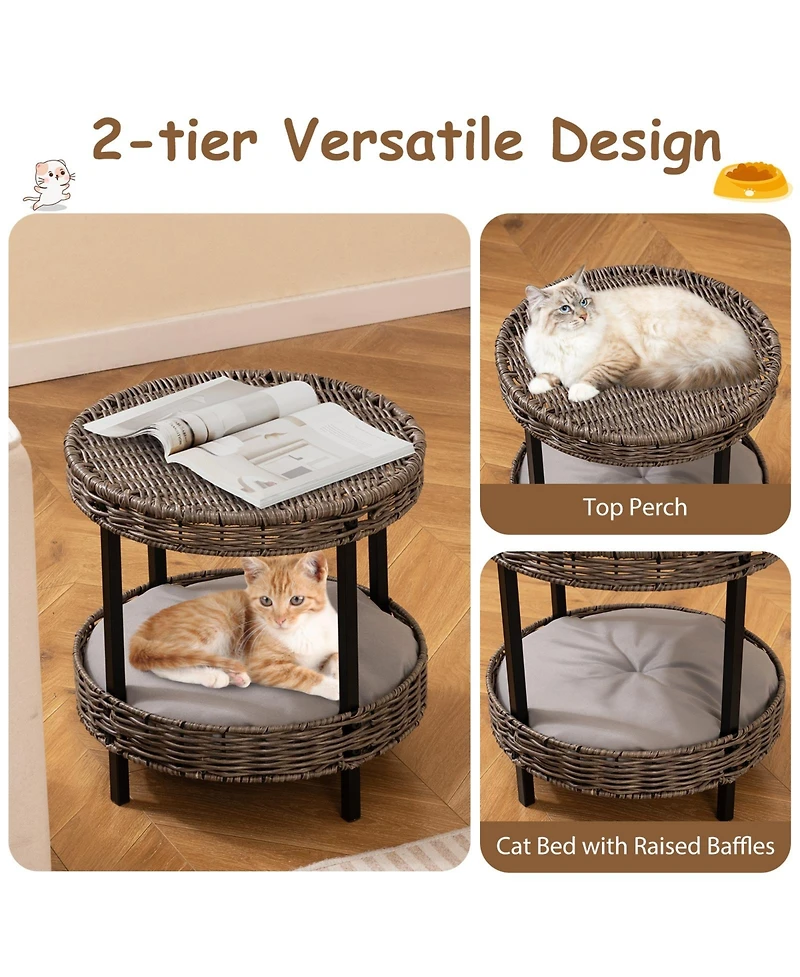Cozito Cat Nest 2-Tier Rattan with Removable Padded Cushion