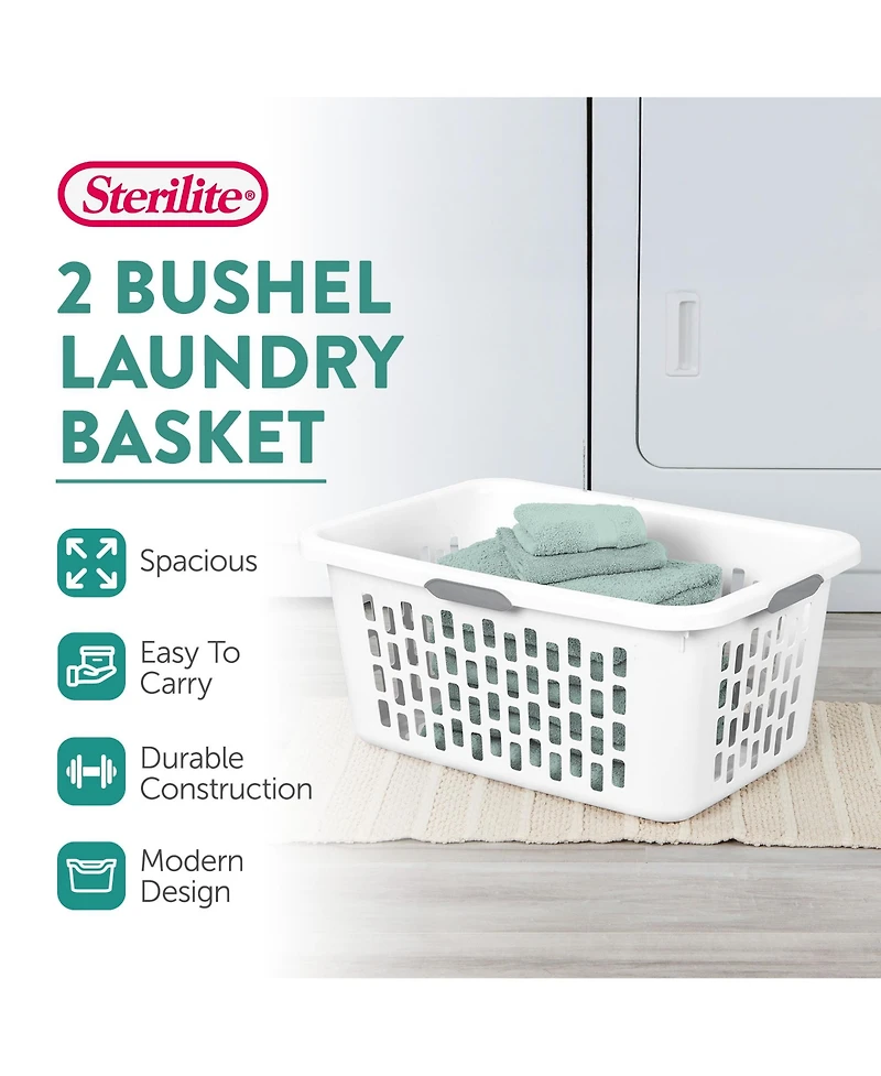 Sterilite Laundry Basket, 2 Bushel Plastic Hamper with Handles, White, 6 Pack