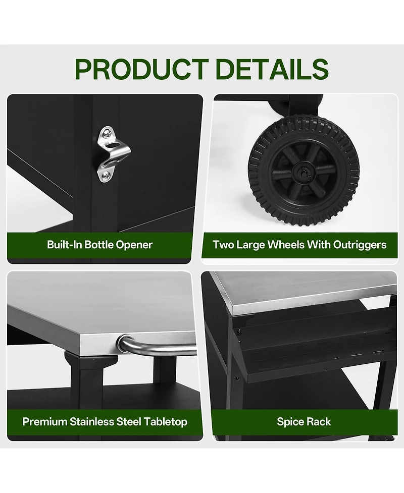 flynama 3-Tier Outdoor Grill Cart with Stainless Steel Top and Side Shelf