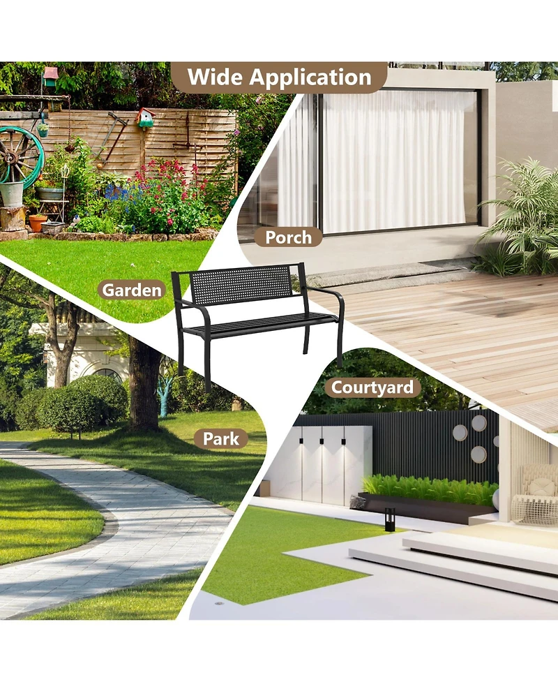 Sugift 50 Inches Garden Bench with Patterned Backrest and Curved Armrests