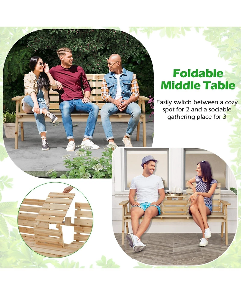 Sugift Outdoor Fir Wood Bench with Foldable Middle Table