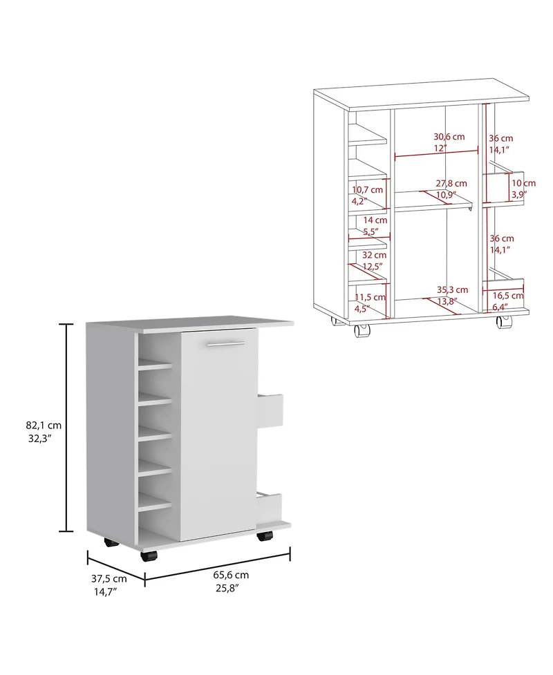 flynama Rolling Bar Cart with 2 Side Storage Shelves, 6 Wine Bottle Rack and Casters