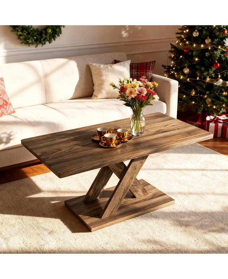 Sugift 37.5 Inch Rectangular Coffee Table with Stable Base and Rubber Wood Connection for Living Room