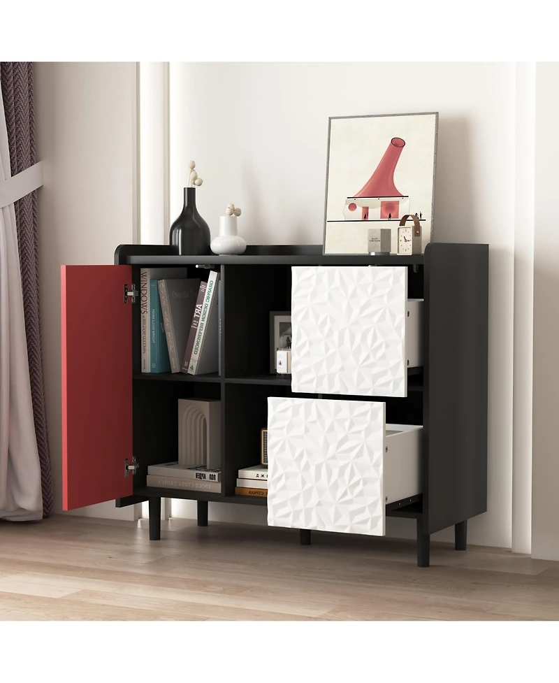 flynama Buffet Cabinet with Doors, 2 Drawers and Open Compartments