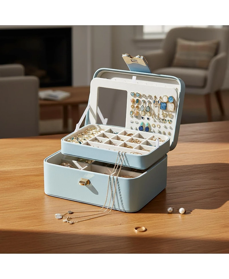 Yigii 2 Layer Jewelry Organizer Box with Bow Clasp Mirror Storage for Earrings Rings Necklaces Gift