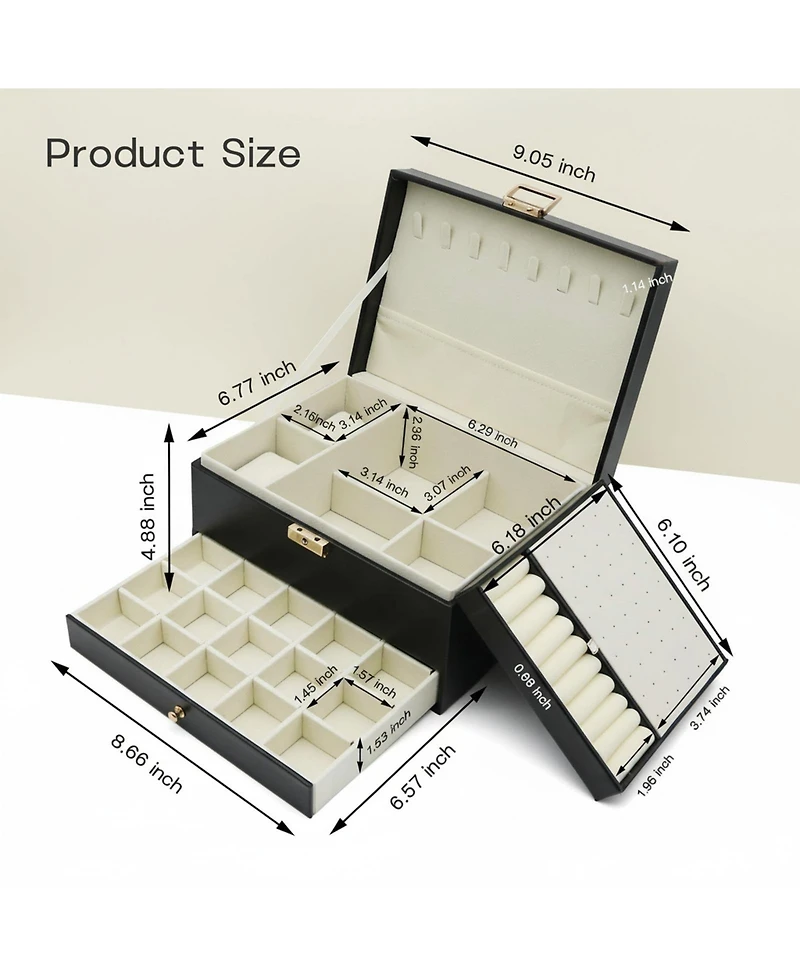 Yigii 3-Layer Faux Leather Jewelry Organizer Box Large Storage for Earrings Rings Necklaces Bracelets Watches