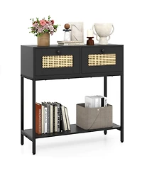 Slickblue Rattan Entryway Table with 2 Drawers and Open Shelf Storage