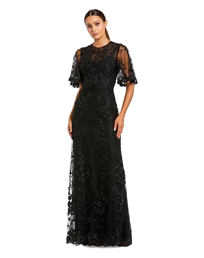 Mac Duggal Petite women's Flutter Sleeve Floral Embroidered Net Gown