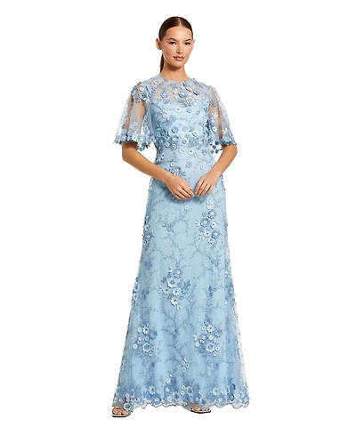 Mac Duggal Petite women's Flutter Sleeve Floral Embroidered Net Gown