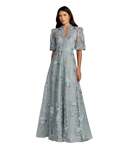 Mac Duggal Women's Embroidered Queen Anne Puff Sleeve A-Line Gown