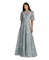 Mac Duggal Women's Embroidered Queen Anne Puff Sleeve A-Line Gown