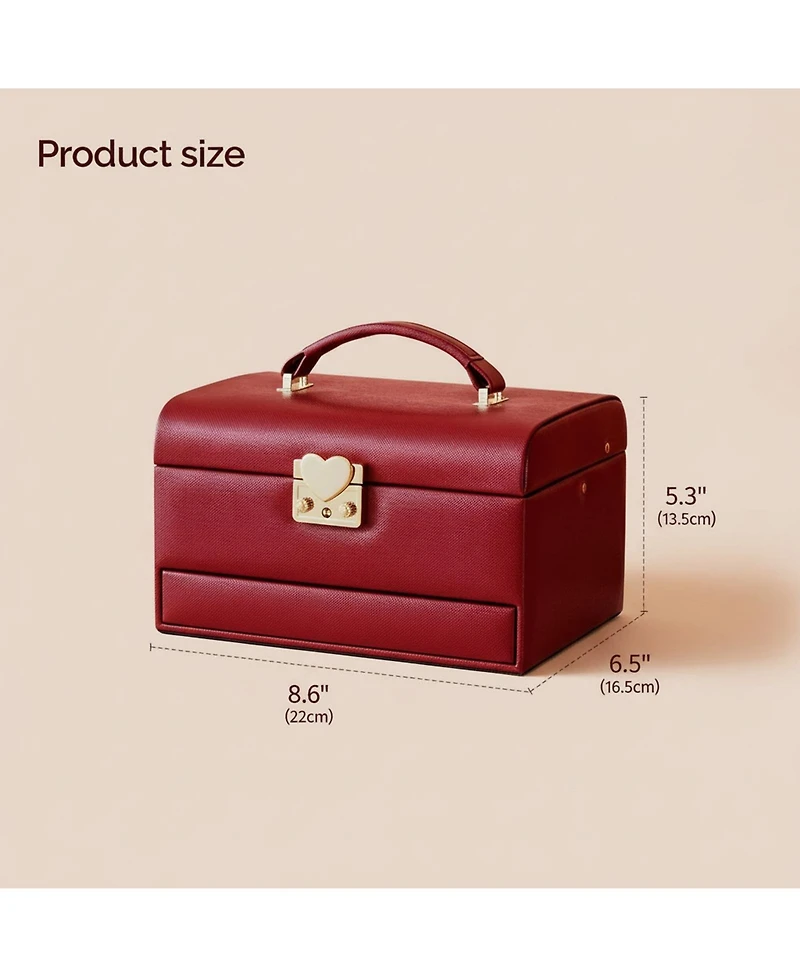 Yigii 3 Layers Leather Jewelry Storage Box with Lock Mirror Drawers for Necklaces Earrings Bracelets Rings