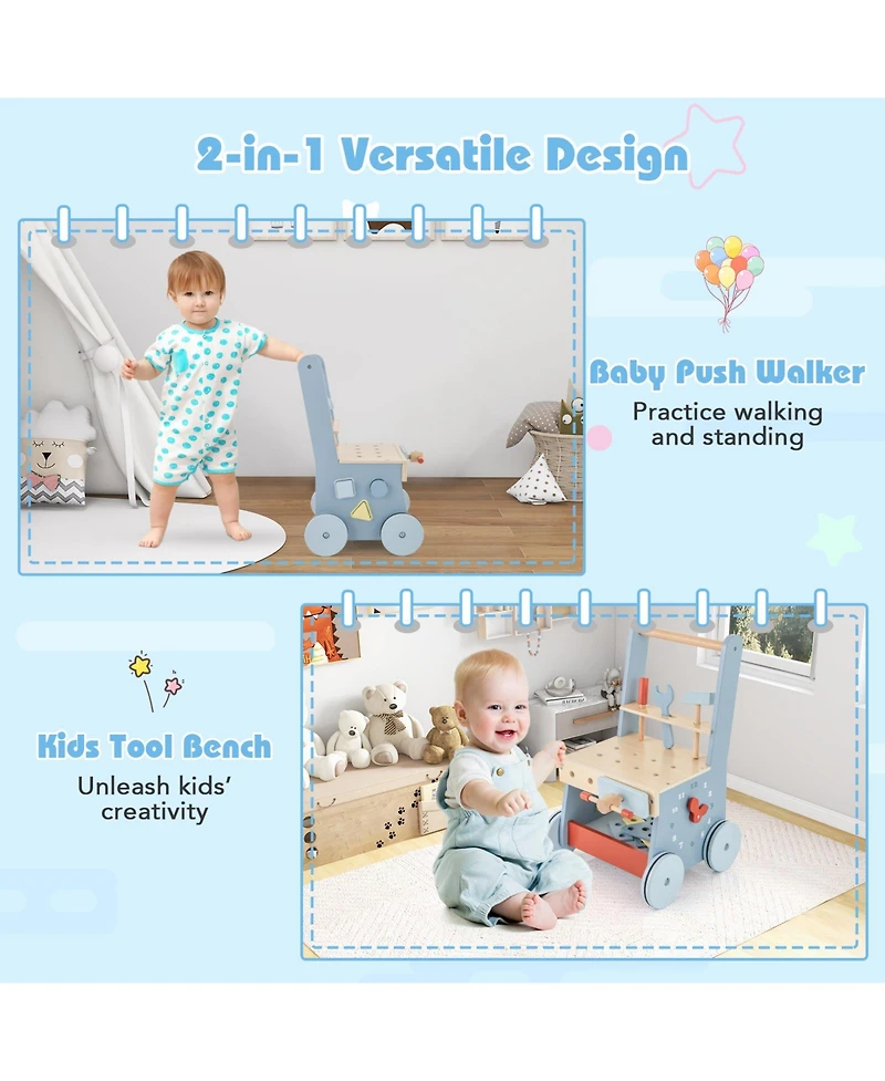Slickblue 2-in-1 Baby Push Walker with Wooden Frame and Multi-Activity Play Station