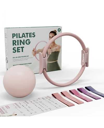 Mikolo Pilates Ring Set - 14" Magic Circle (38 lbs Resistance), 9.8" Pilates Ball, 5 Resistance Bands, and Exercise Guide Included for Home Workouts