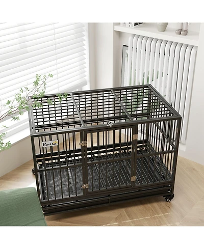 Aostirmotor 48" Heavy Duty Metal Dog Crate Kennel with Lockable Wheels, Double Door and Removable Tray