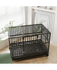 Aostirmotor 48" Heavy Duty Metal Dog Crate Kennel with Lockable Wheels, Double Door and Removable Tray