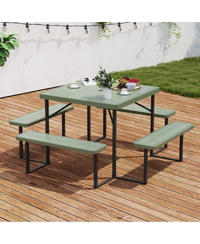 Sugift Outdoor Square Picnic Table Bench Set for 4-8 People with Umbrella Hole.