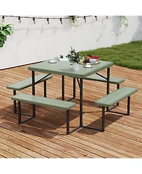 Sugift Outdoor Square Picnic Table Bench Set for 4-8 People with Umbrella Hole.