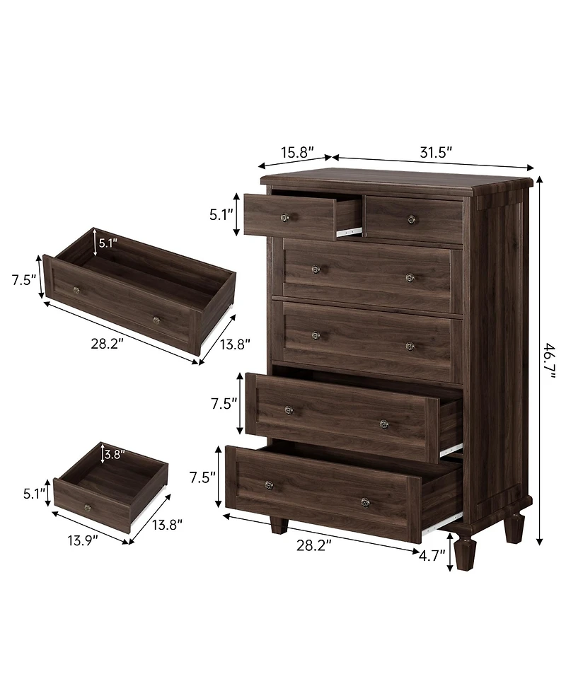 gaomon Bedroom 47" Tall 6 Drawer Dresser, Vintage Wood Chest of Drawers with Carved Handles.