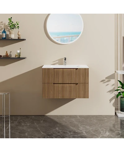 Sillysis Walnut Freestanding Bathroom Vanity with Sintered Stone Top, Ceramic Sink, Soft Close Storage, Stainless Steel Legs-Sillysis