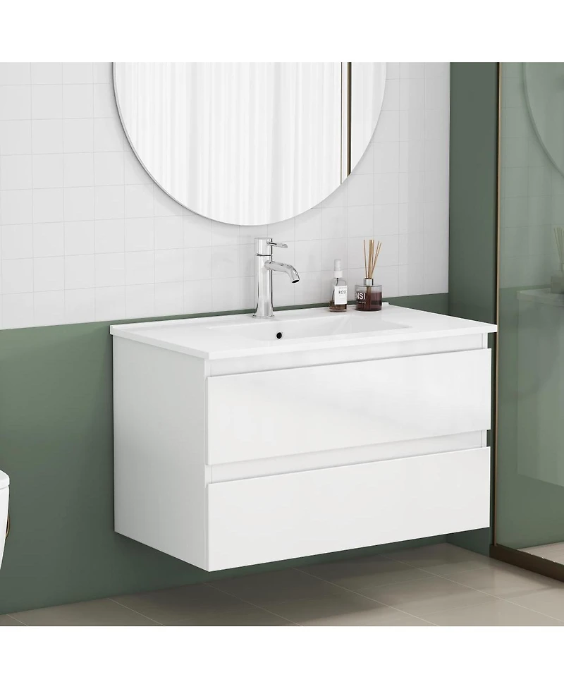 Sillysis Walnut Freestanding Bathroom Vanity with Sintered Stone Top, Ceramic Sink, Soft Close Storage