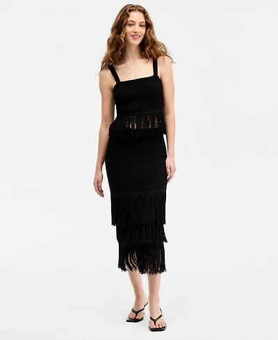 Bar Iii Women's Pull-On Tiered-Fringe Sweater Skirt, Macy's Exclusive