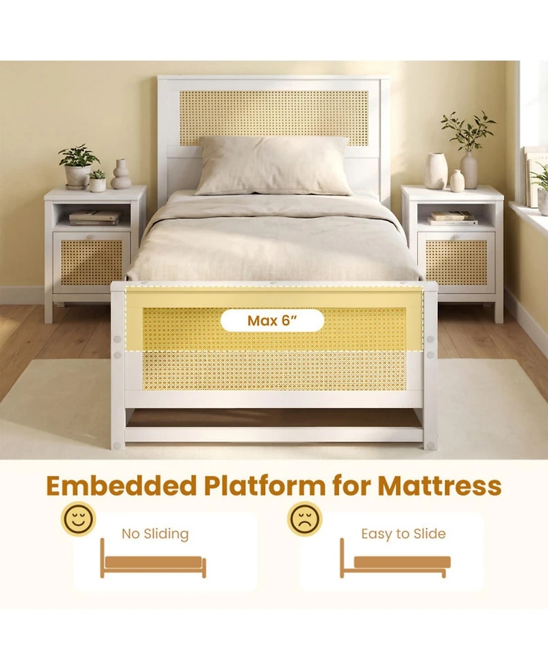 Gouun Twin Solid Wood Platform Bed Frame with Storage Drawers and Rattan Headboard