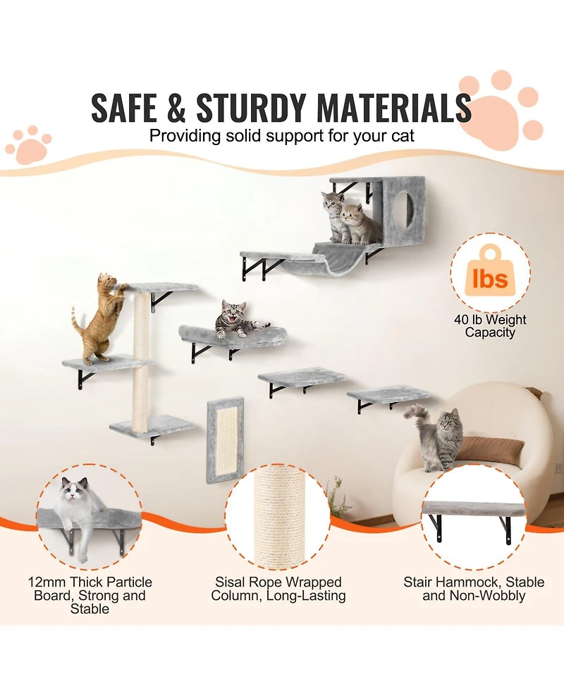 Cozito Wall Mounted Cat Shelves 6 Piece Hammock Perch Sisal