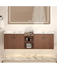 Sillysis 58 Inch Double Sink Wall Mounted Bathroom Vanity with Mdf Cabinet, Soft Close Doors and Storage Shelves, Modern Transitional Design-Sillysis