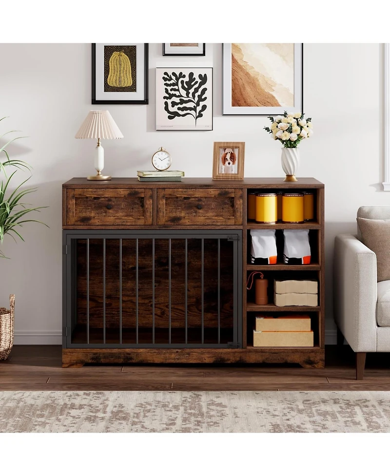 gaomon Dog Crate Furniture 47", Large Tv Stand with 2 Drawers and 4 Shelves, Wooden Kennel Indoor, Decorative Cage
