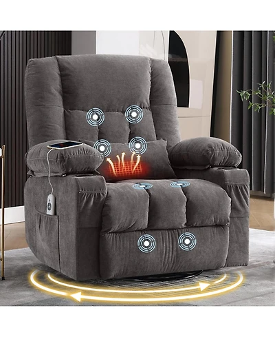 Rainsken Massage Swivel Rocker Recliner Chair with Vibration Massage and Heat, Oversized Single Sofa with 2 Cup Holders, Usb Port for Living Room