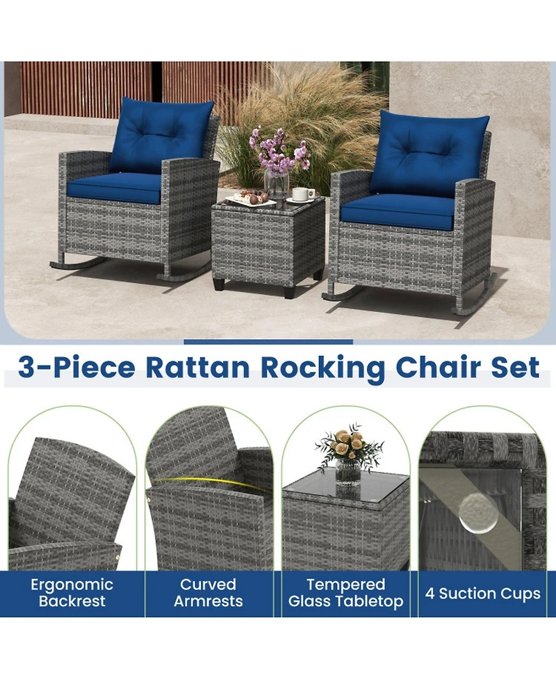 Gouun 3-Piece Pe Rattan Rocking Chair Patio Set with Glass Side Table and Cushions