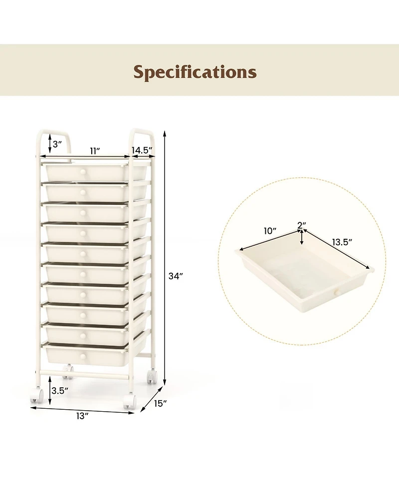 Sugift 10 Drawer Rolling Storage Cart Organizer with 4 Universal Casters