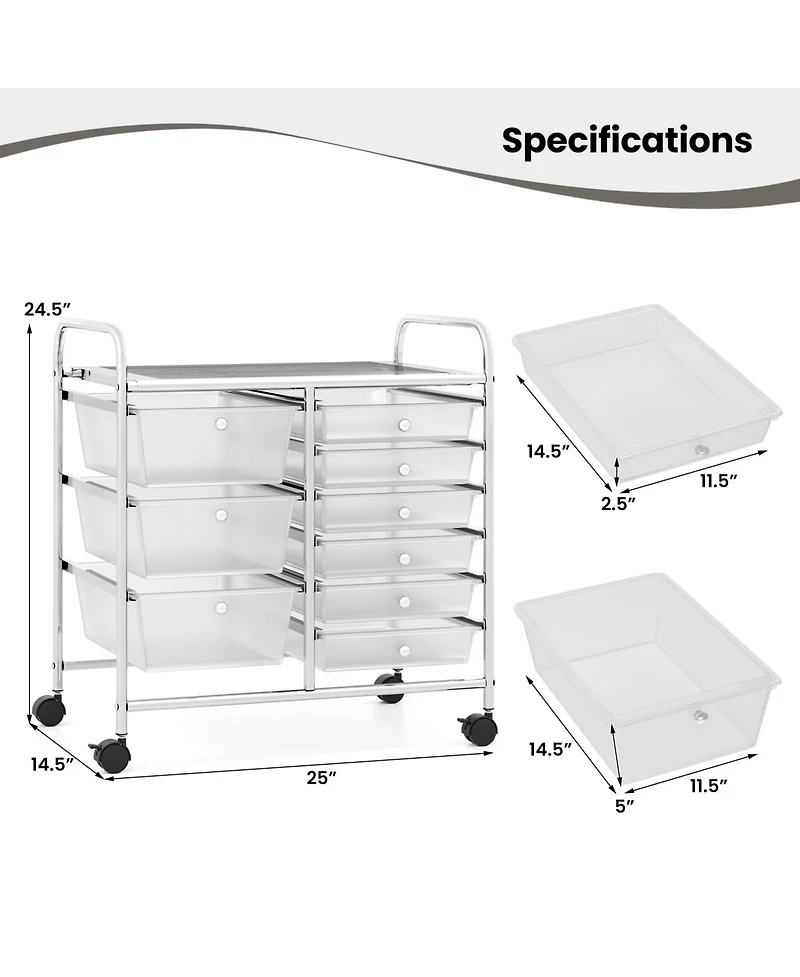 Sugift 9-Drawer Rolling Storage Cart with Colorful Drawers and Metal Frame-Transparent
