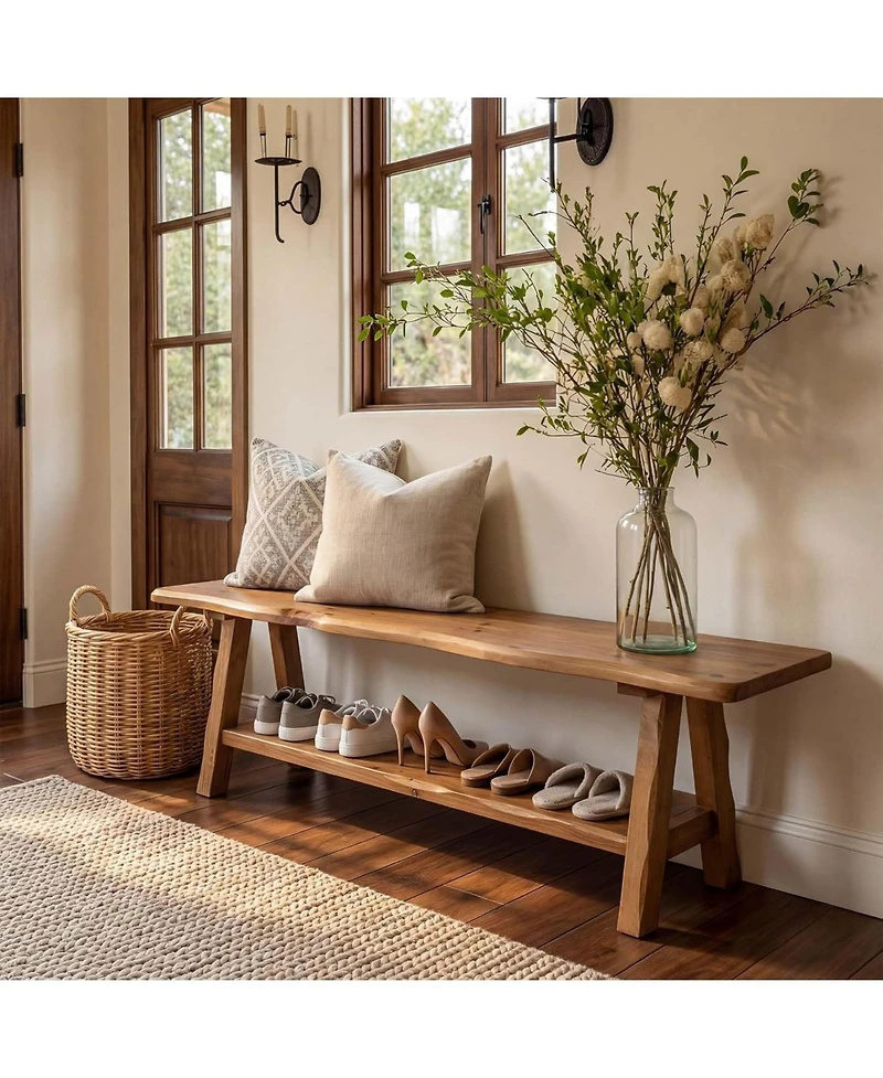 Tribesigns 55'' Solid Wood Entryway Bench, Farmhouse Long End of Bed Bench with Live-Edge, Indoor Dining Seat