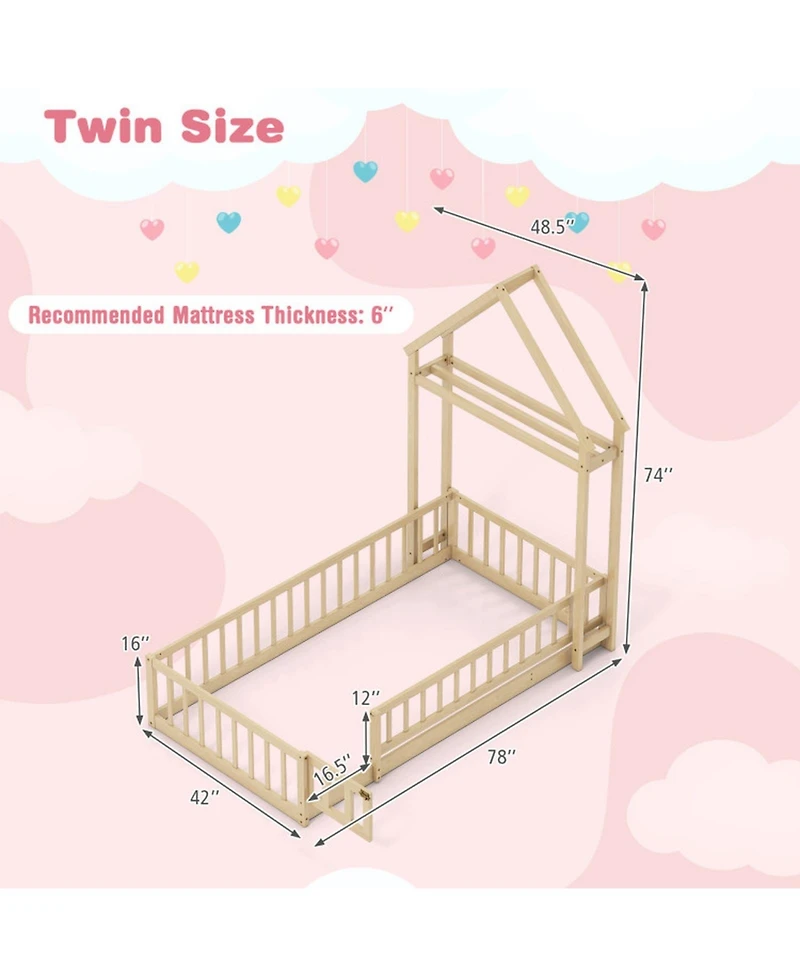 Gouun Twin House Floor Bed with House-Shaped Headboard