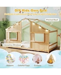 Sugift Twin Size House Bed with Led Lights Montessori Slat-free Floor Bed
