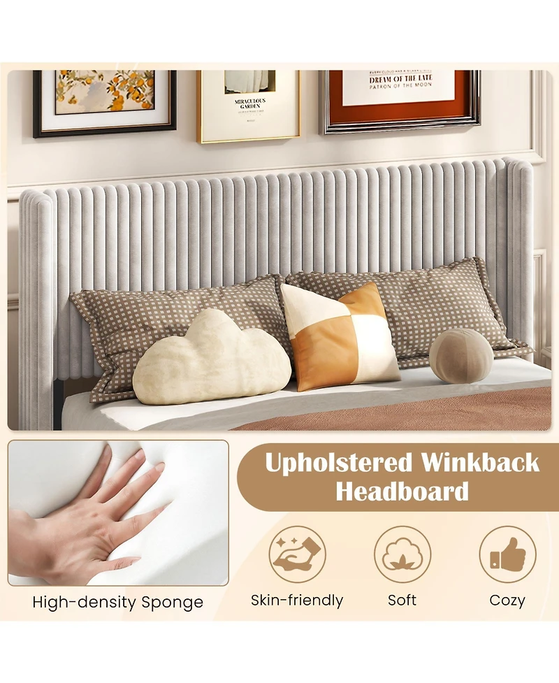 Sugift Queen Size Velvet Bed Frame with Vertical Channel Tufted Wingback Headboard