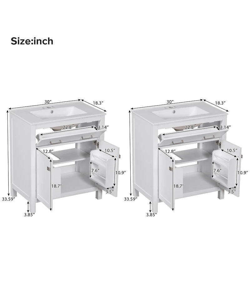 Sillysis 60 Inch Double Sink Bathroom Vanity with Ceramic Sinks, Solid Wood Frame, Flip-Out Drawer and Adjustable Shelf