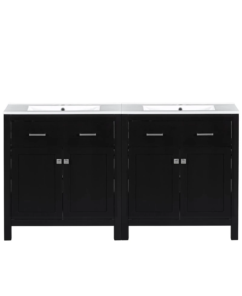 Sillysis 60 Inch Double Sink Bathroom Vanity with Ceramic Sinks, Solid Wood Frame, Flip-Out Drawer and Adjustable Shelf