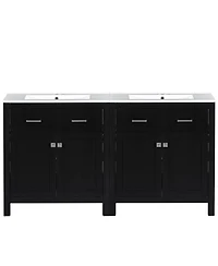 Sillysis 60 Inch Double Sink Bathroom Vanity with Ceramic Sinks, Solid Wood Frame, Flip-Out Drawer and Adjustable Shelf