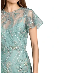 Mac Duggal Women's Floral Embroidered Flutter Sleeve Ankle Dress