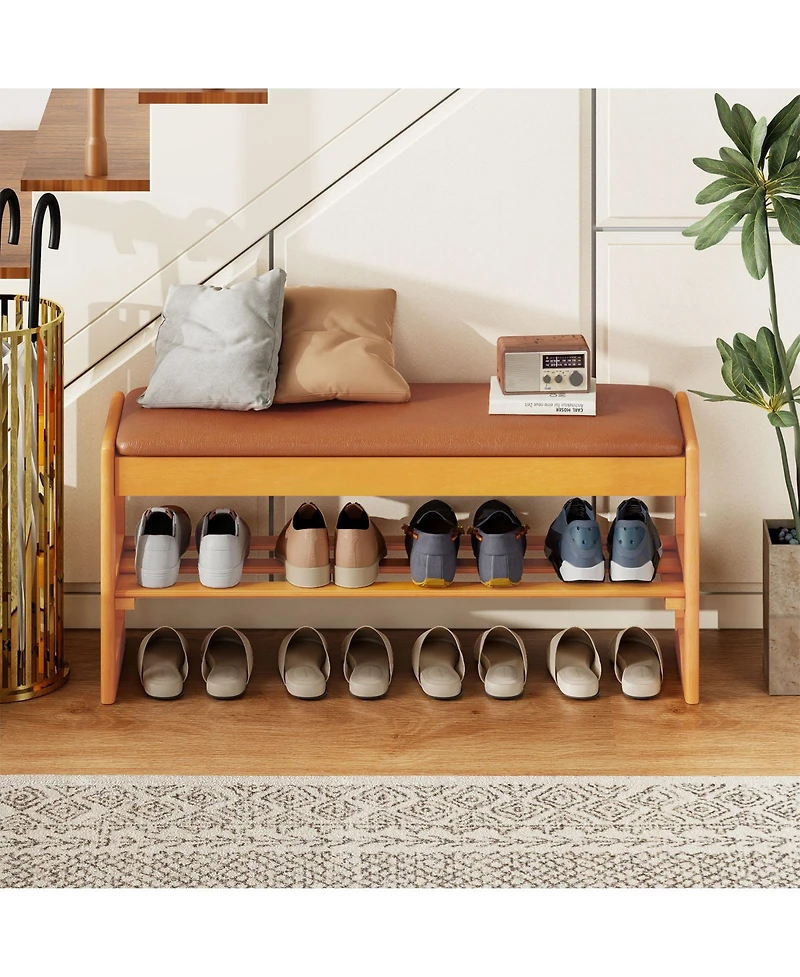 Gouun 2-Tier Rubberwood Shoe Bench with Flip-Open Storage