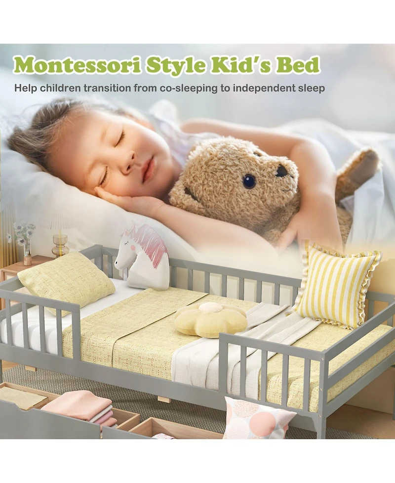 Sugift Twin Daybed with Fence and 2 Drawers Kids Bed for Boys and Girls
