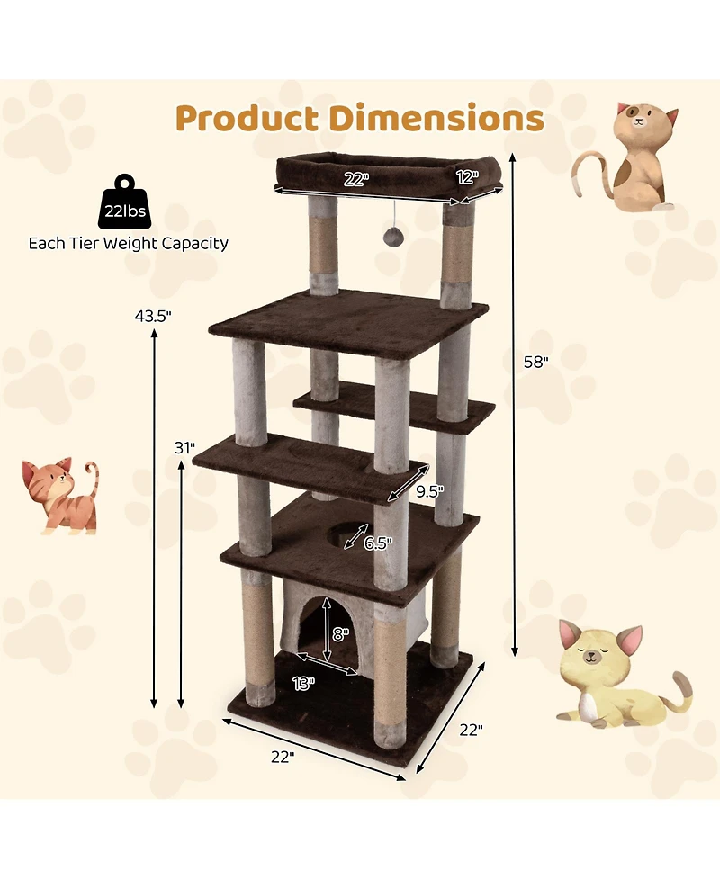 Cozito Cat Tree 58 in with Swaying Aerial Condo and Plush Bed