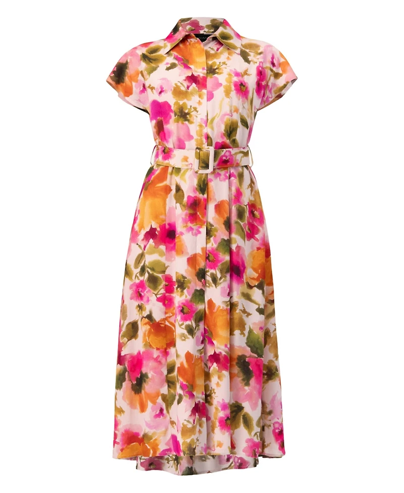 Ivonne Women's Midi Belted Floral Print Shirt Style Dress