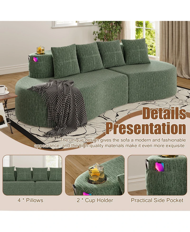 Rainsken Chenille Fabric Half Moon Sofa, 3-Seater Modern Curved Modular Sectional with Cup Holders and Side Pockets for Household Decor