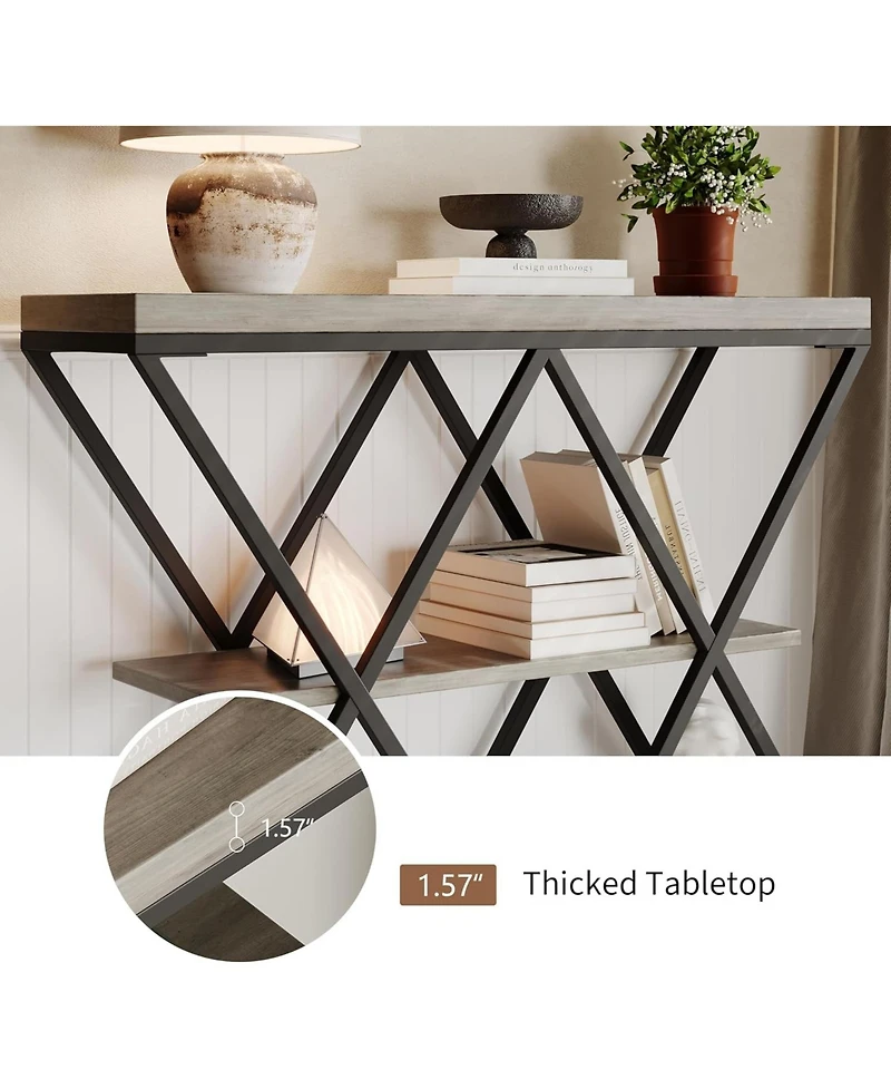 gaomon 39" Entryway Table - 3 Tier Narrow Console Sofa Table with Storage Shelf, X-Shaped Metal Frame, Industrial Accent Tables